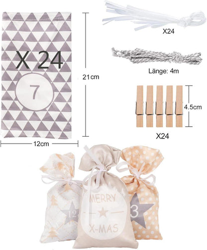Adventskalender zum Befüllen Groß Gelb Grau 24 Stoffbeutel Kette