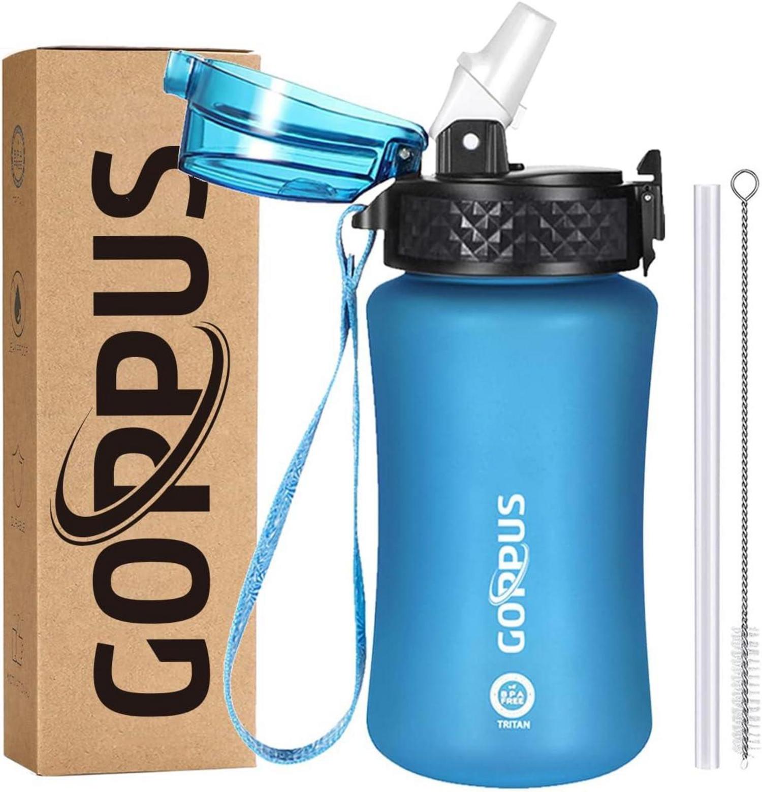 Trinkflasche mit Strohhalm und Zeitmarkierung für Kinder 350ml Blau