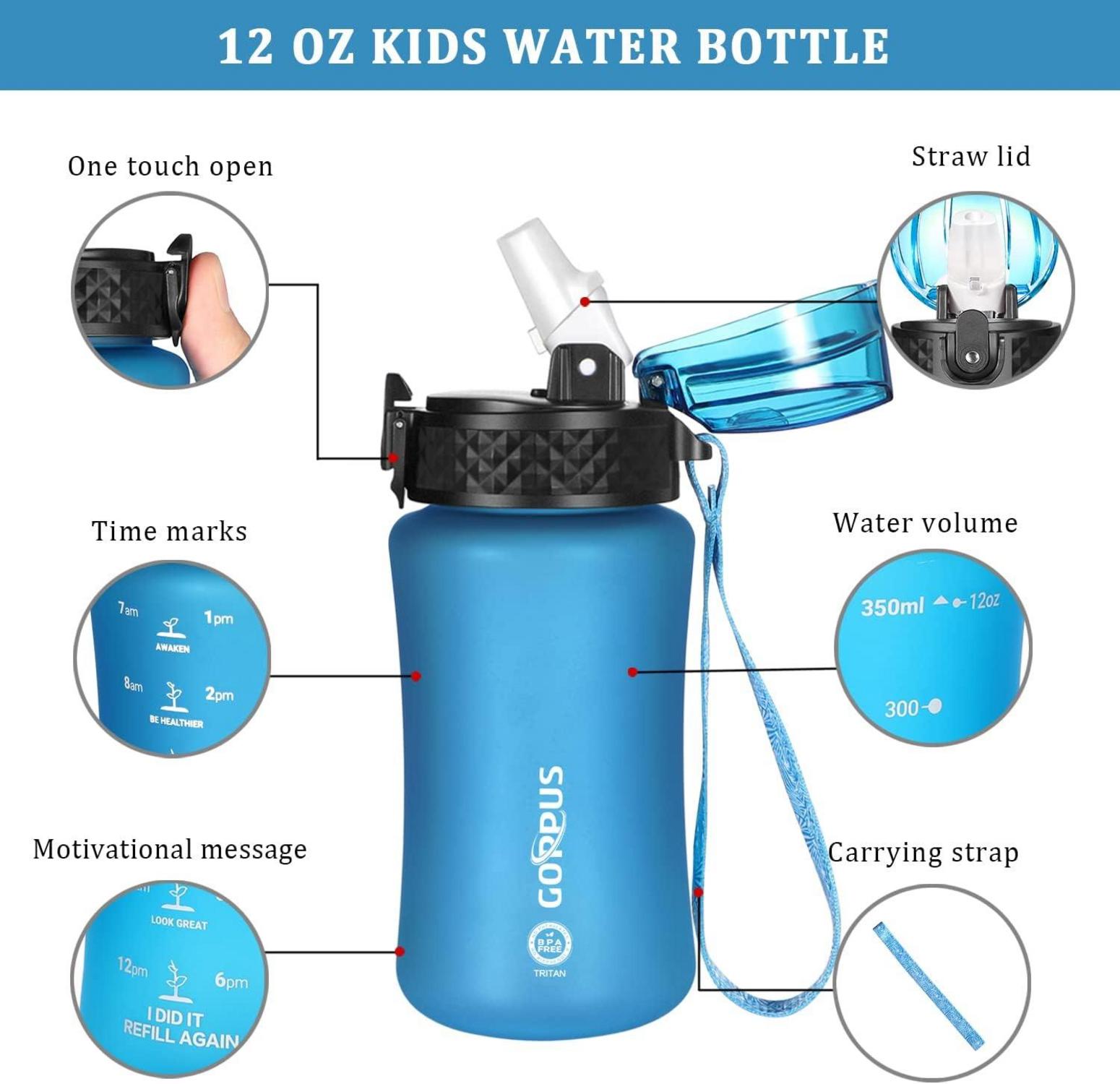 Kinder Trinkflasche 350ml mit Zeitmarkierung Strohhalm BPA-frei Blau