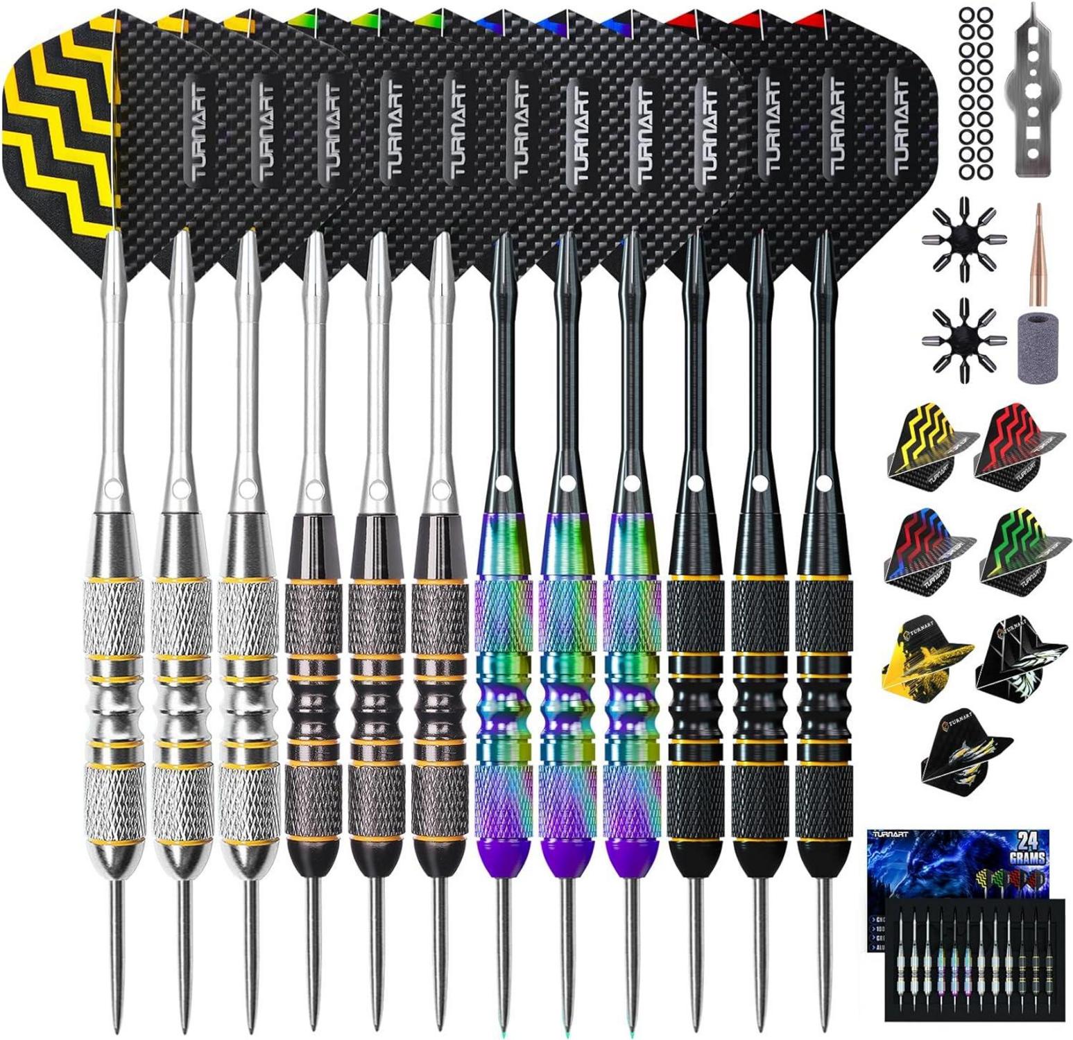 Professionelle Steeldarts 12 Stück mit Dartbox Violett - Metallspitze