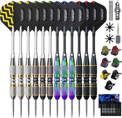 Professionelle Steeldarts 12 Stück mit Dartbox Violett - Metallspitze