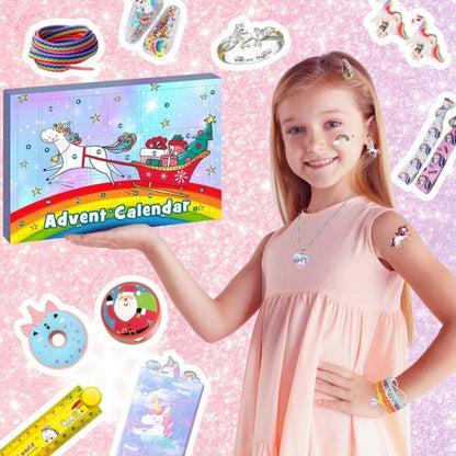 Adventskalender Einhorn Mädchen 2024 Schmuck Schreibwaren Haarschmuck 24 Überraschungen