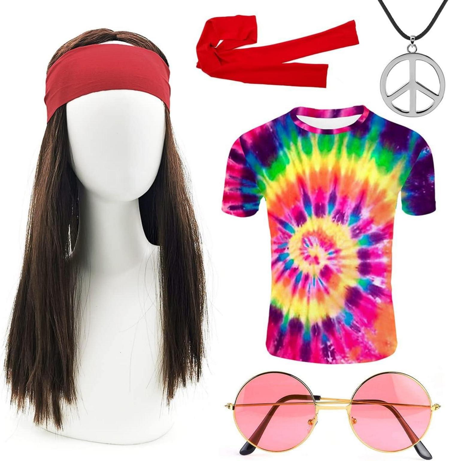 70er Hippie Kostüm Set 5-teilig Peace Brille Perücke Stirnband