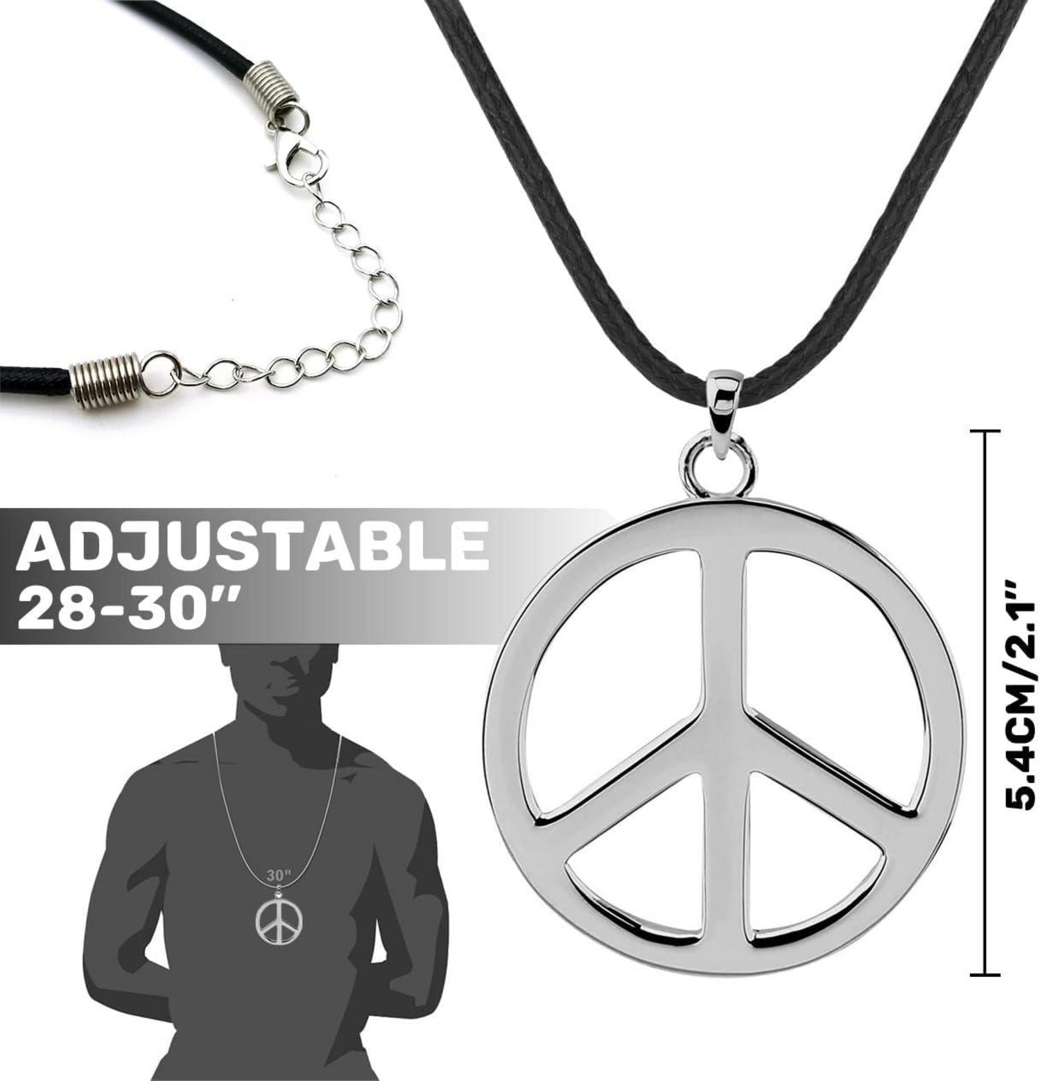 70er Hippie Kostüm Set 5-teilig T-Shirt Perücke Brille Peace Halskette