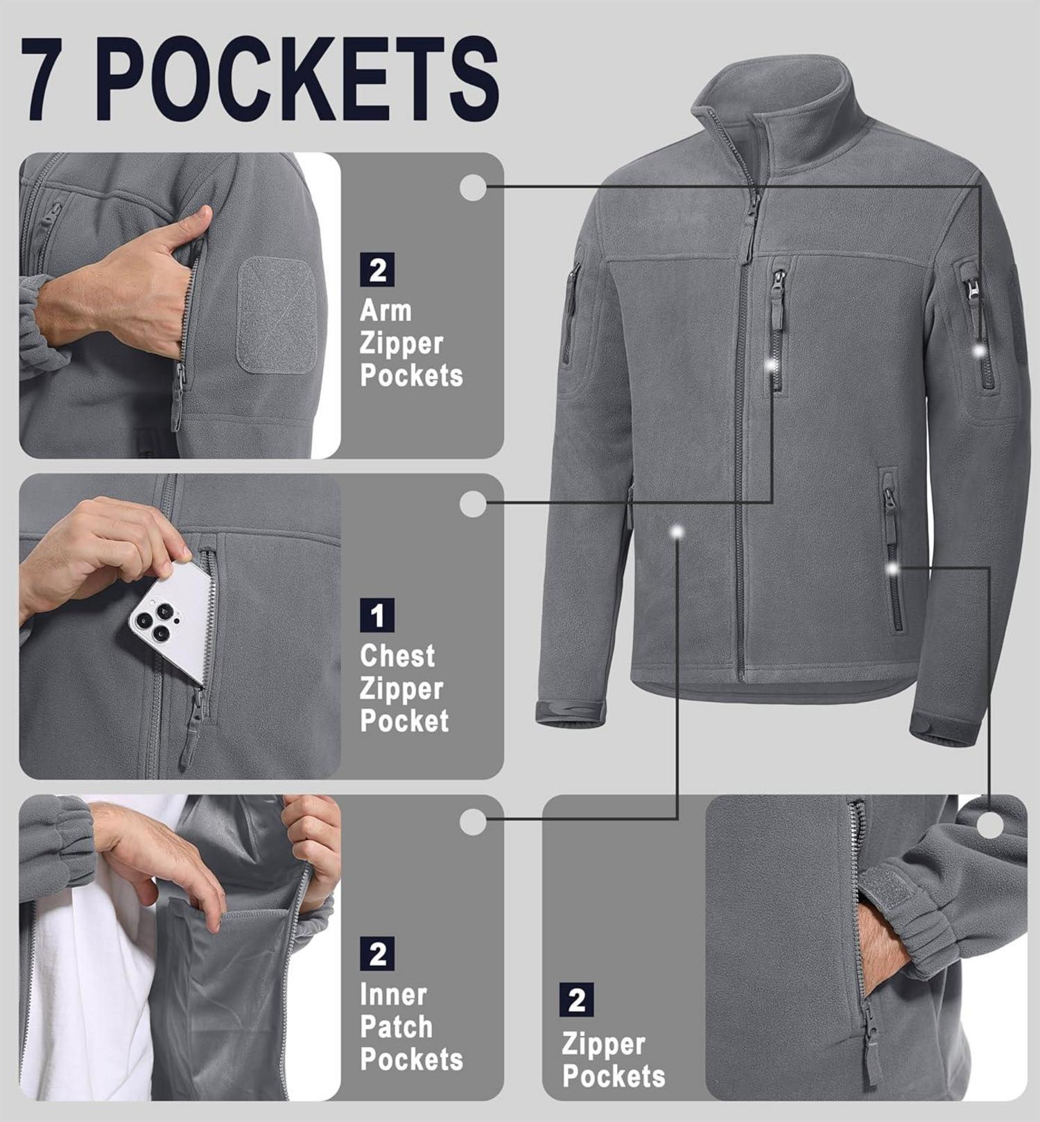 Herren Outdoor Fleecejacke mit 7 Taschen Winddicht Taktische Armee Jacke Warme Stehkragen XXL