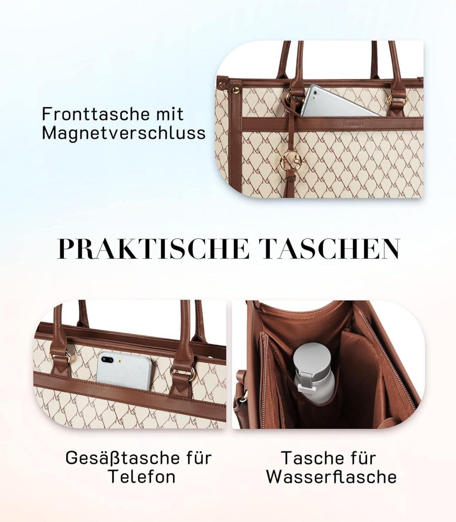 Laptoptasche Damen 15,6 Zoll Leder Schwarz Henkeltasche Set