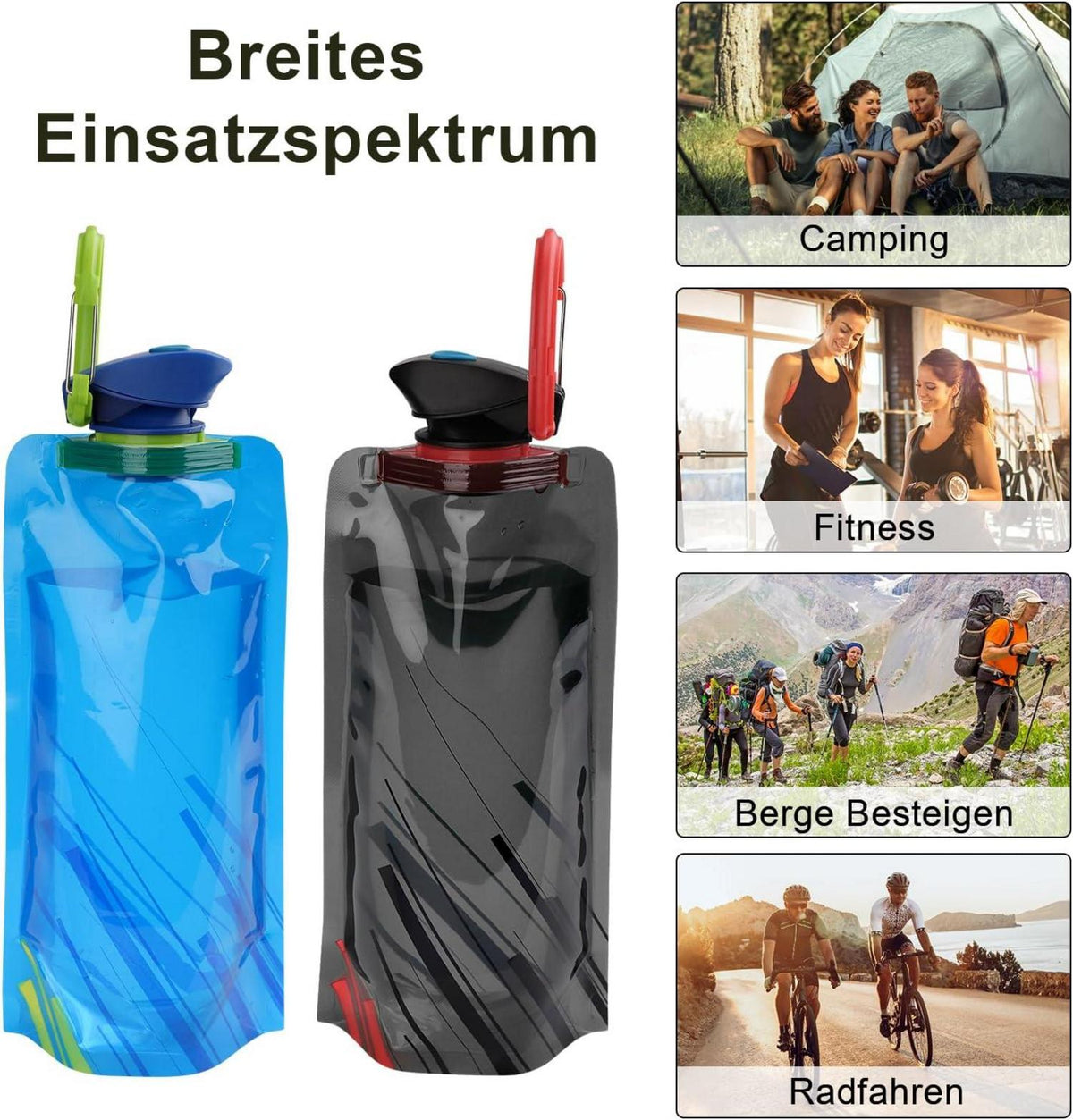2x Faltbare Trinkflasche Wiederverwendbar Wandern Reisen, Blau Schwarz