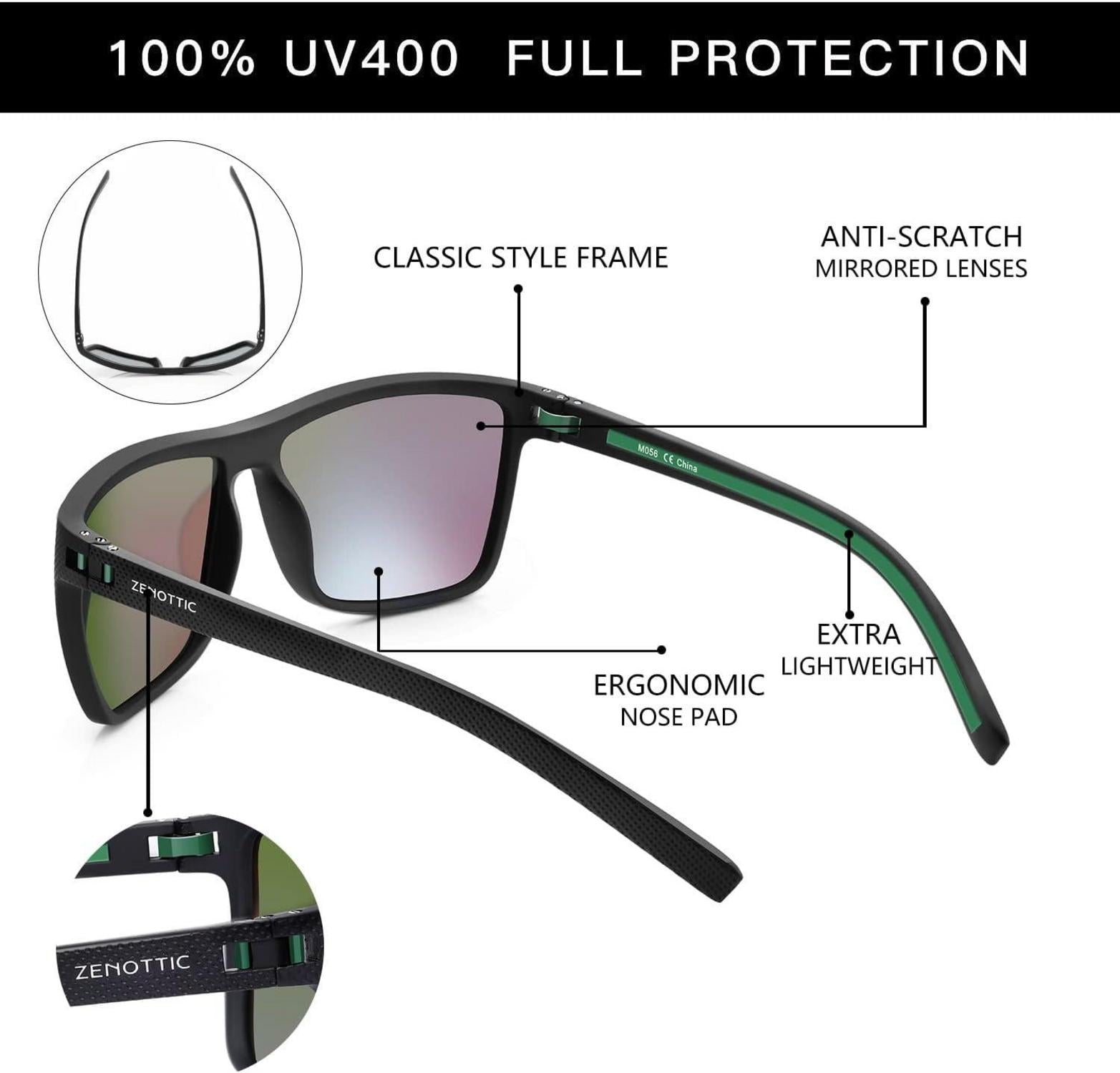 Polarisierte TR90 Herren Sonnenbrille UV400 Schutz Schwarz/Grün