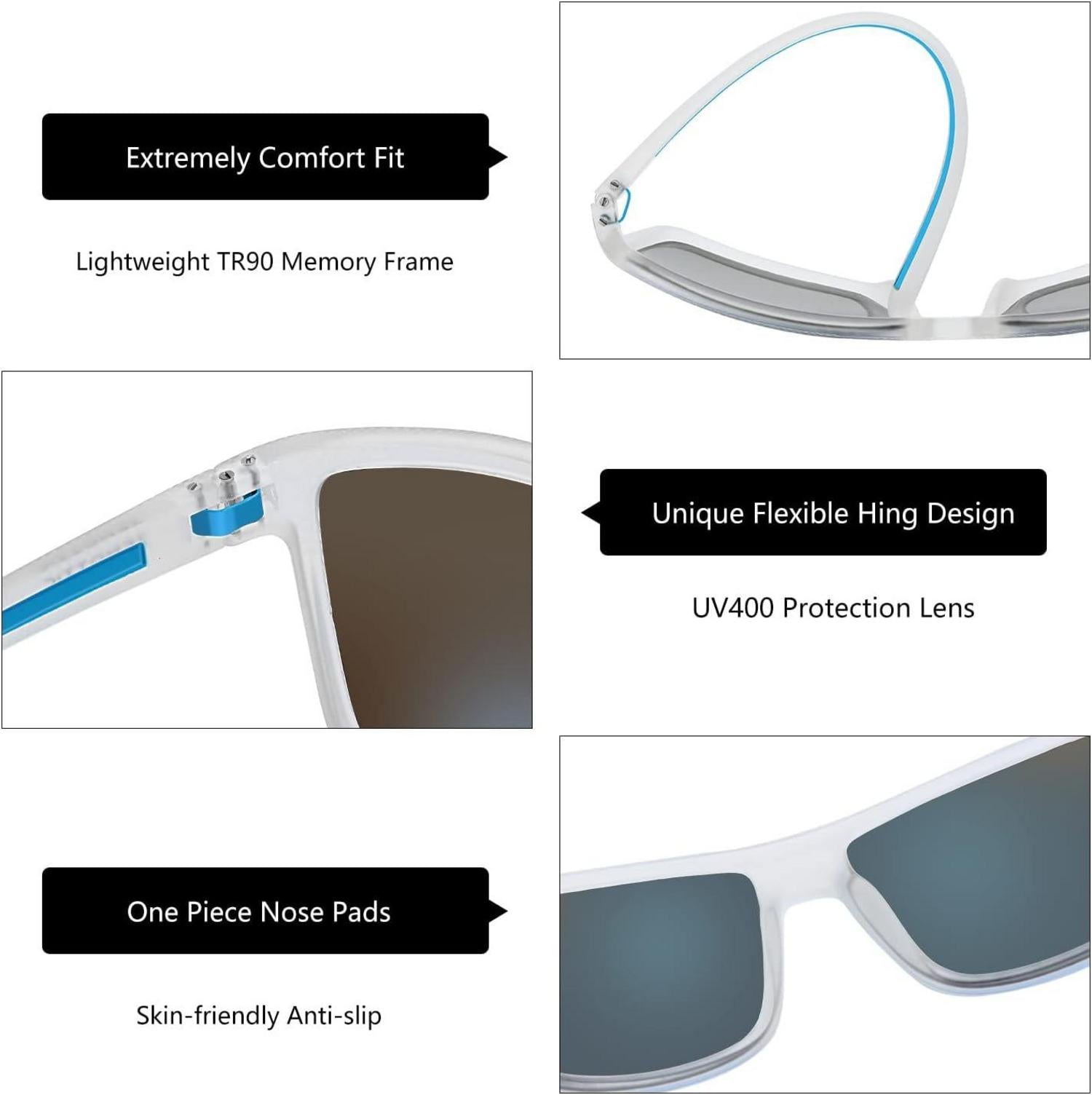 Polarisierte TR90 Sonnenbrille Herren UV400 Schutz Blau Transparenter Rahmen