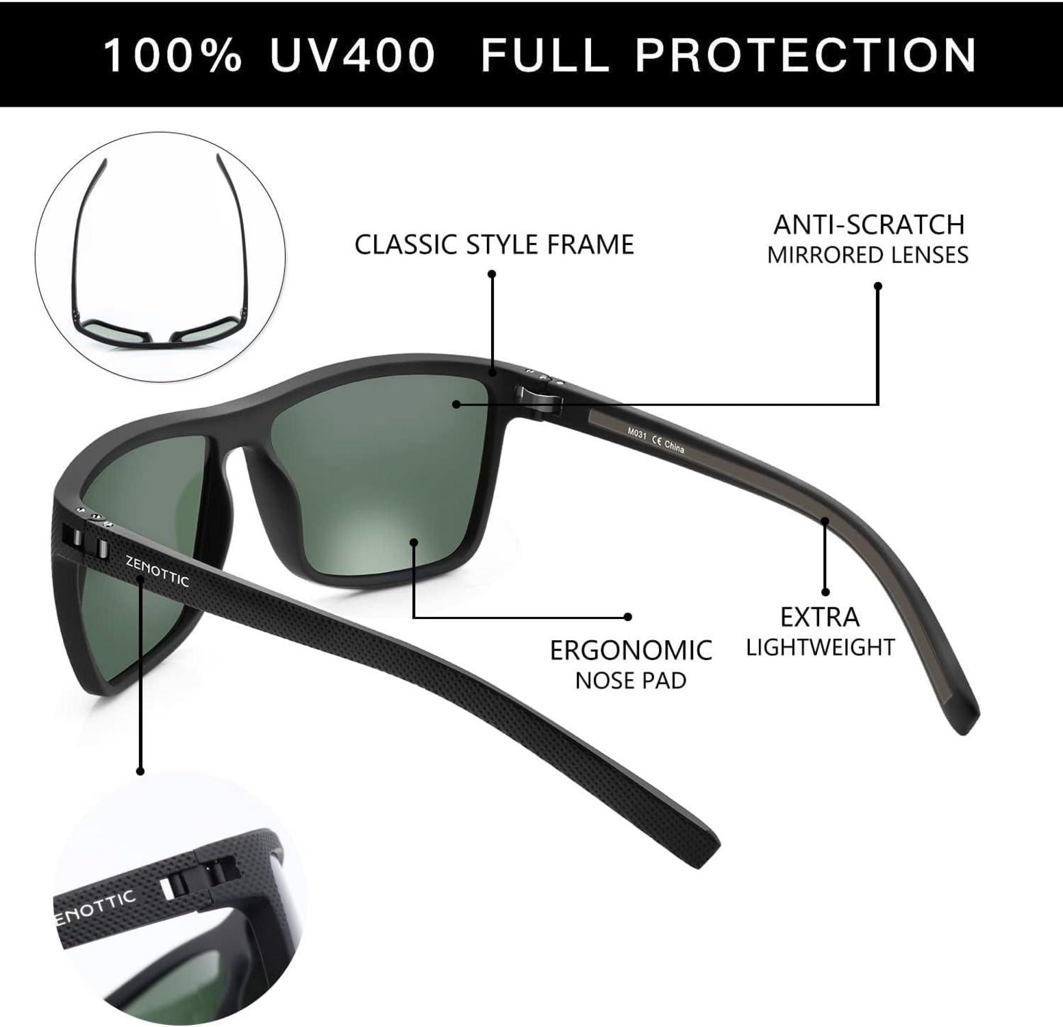 Polarisierte TR90 Herren Sonnenbrille UV400 Schutz Quadrat Schwarz Grün