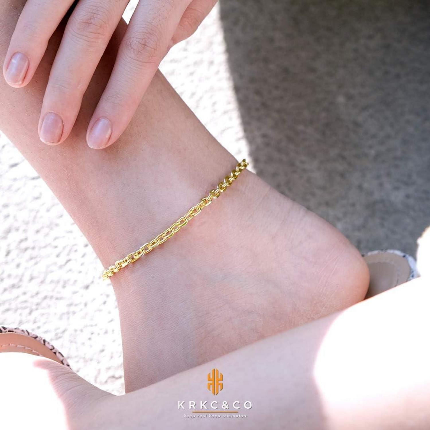 4mm Damen Fußkettchen mit bunten Zirkonia, vergoldete Fischgrätkette 22/27cm - Golden