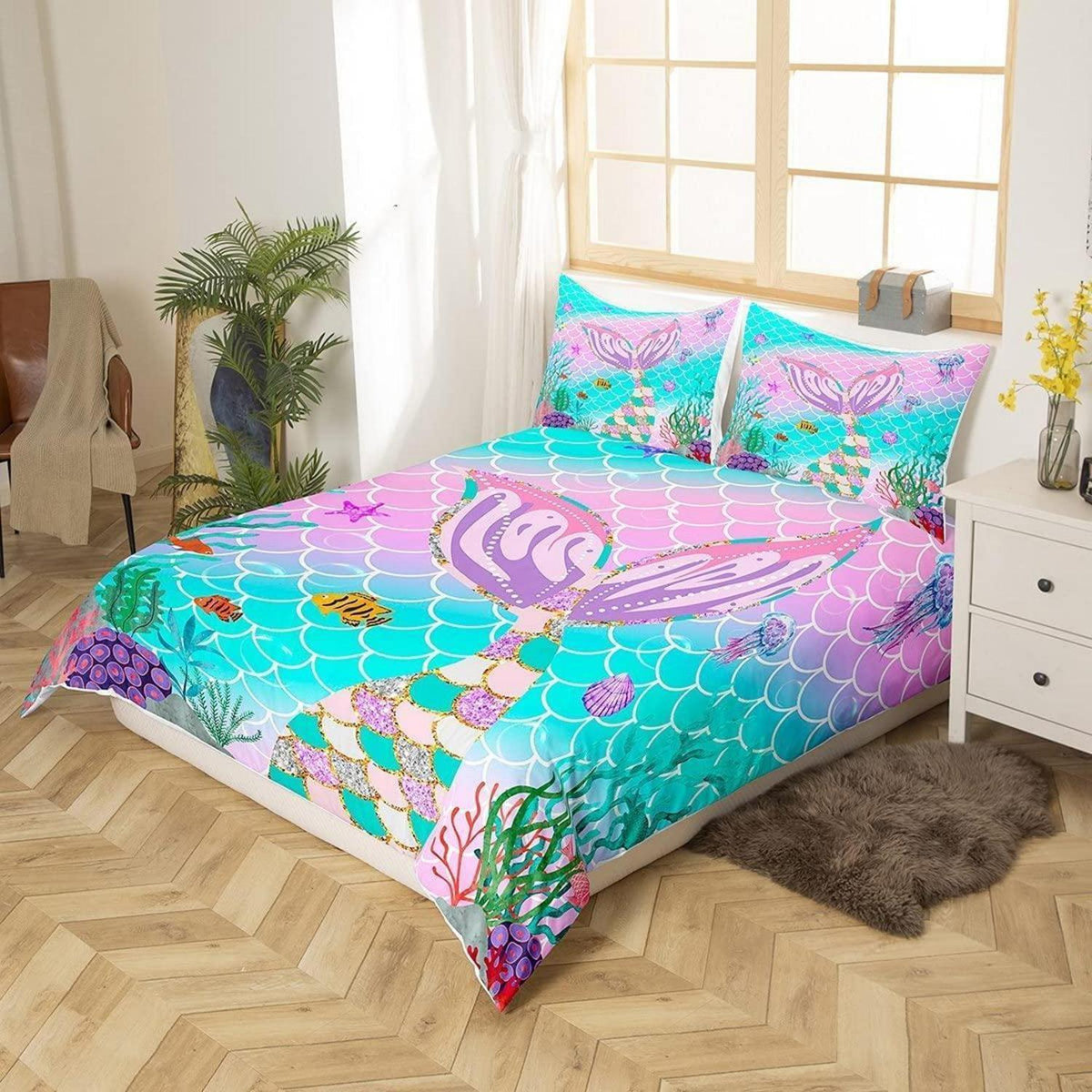 Meerjungfrauen Bettbezug Set Kinder Pailletten Rosa 135x200