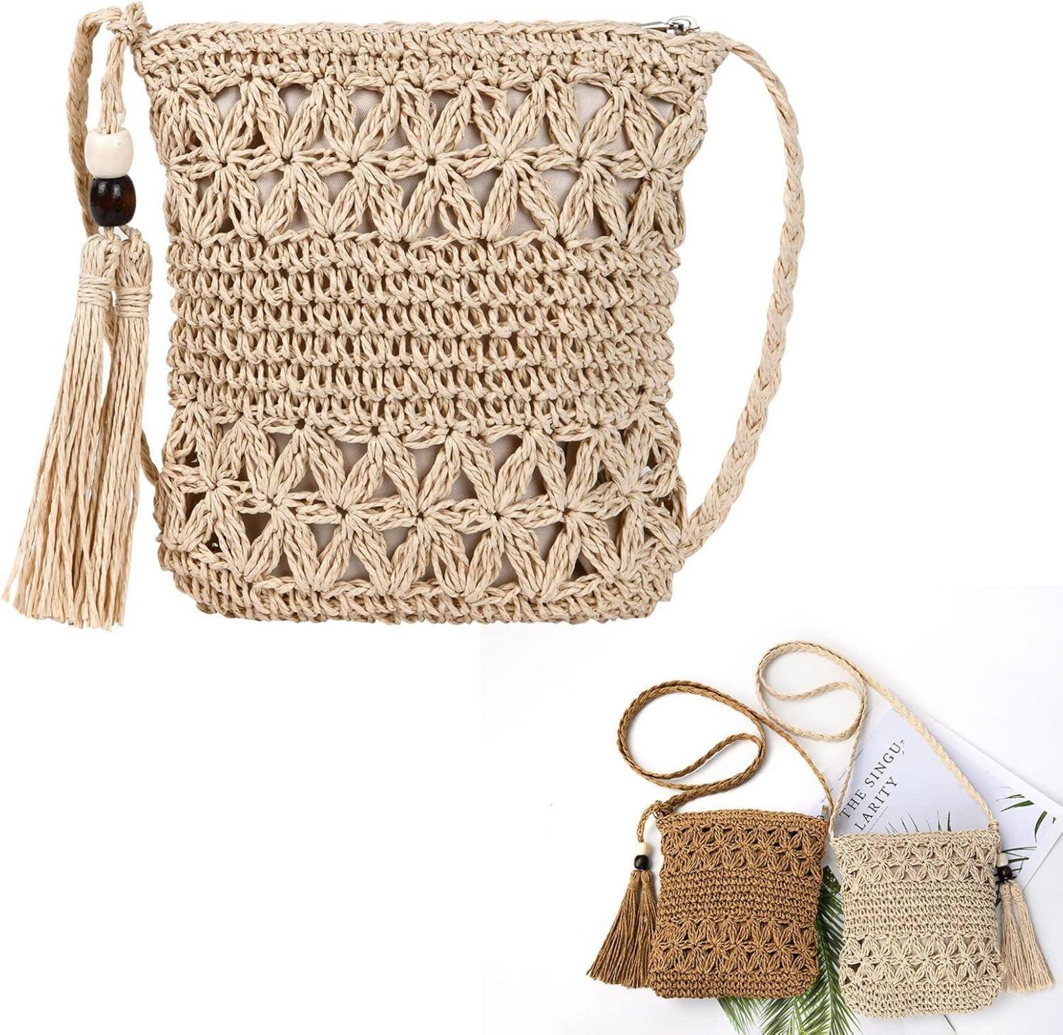 Strohtasche Damen Stroh Umhängetasche Vintage Strand Quaste Handtasche