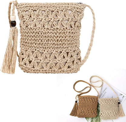 Strohtasche Damen Stroh Umhängetasche Vintage Strand Quaste Handtasche