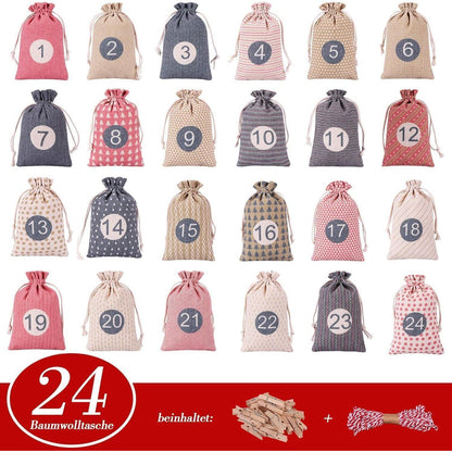 Adventskalender zum Selber Befüllen, 24 Stoffsäckchen