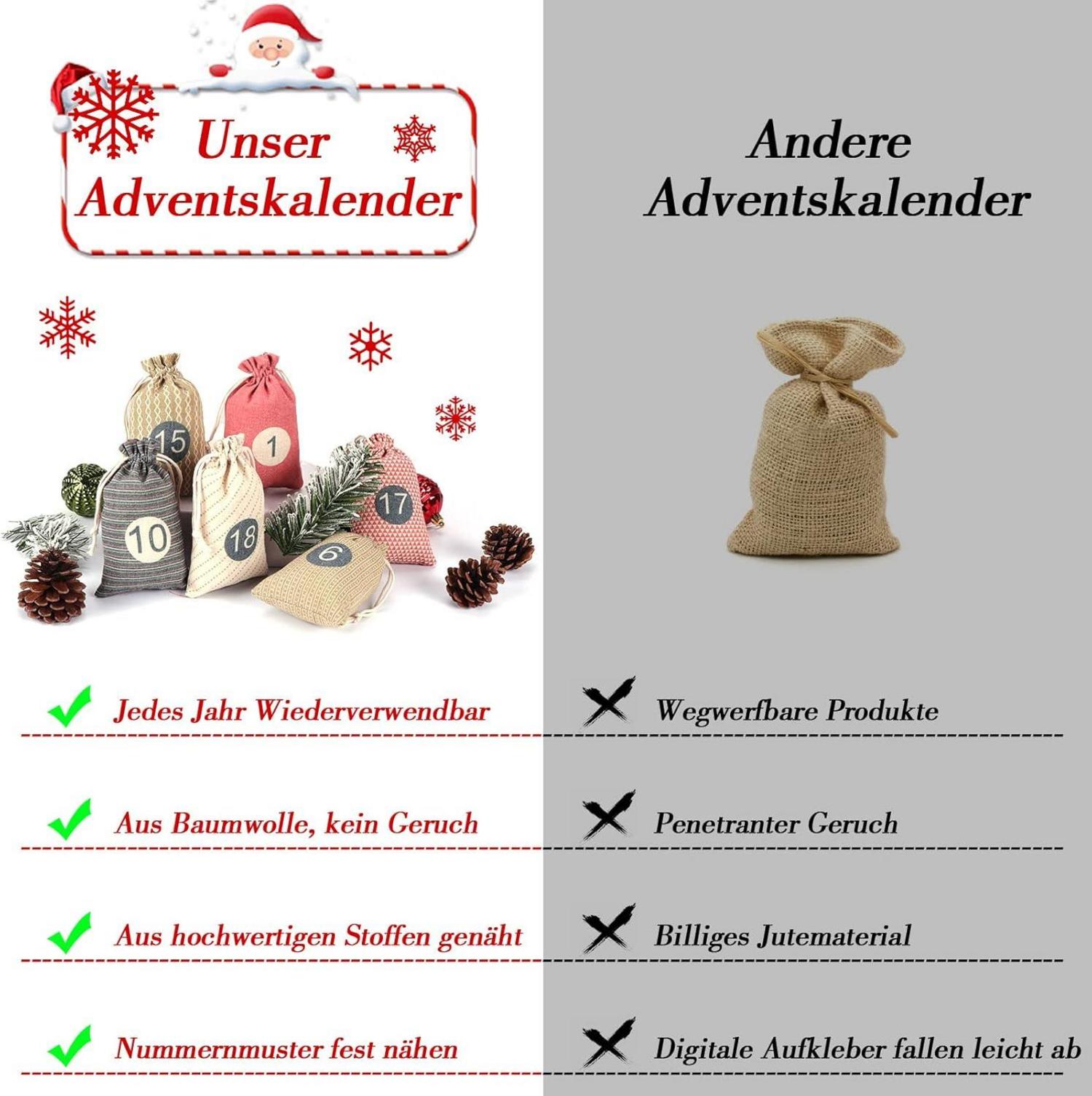 Adventskalender zum Selbst Befüllen Stoffsäckchen Bastelset 24 Weihnachtskalender für Kinder Mädchen