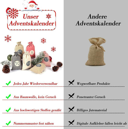 Adventskalender zum Selbst Befüllen Stoffsäckchen Bastelset 24 Weihnachtskalender für Kinder Mädchen