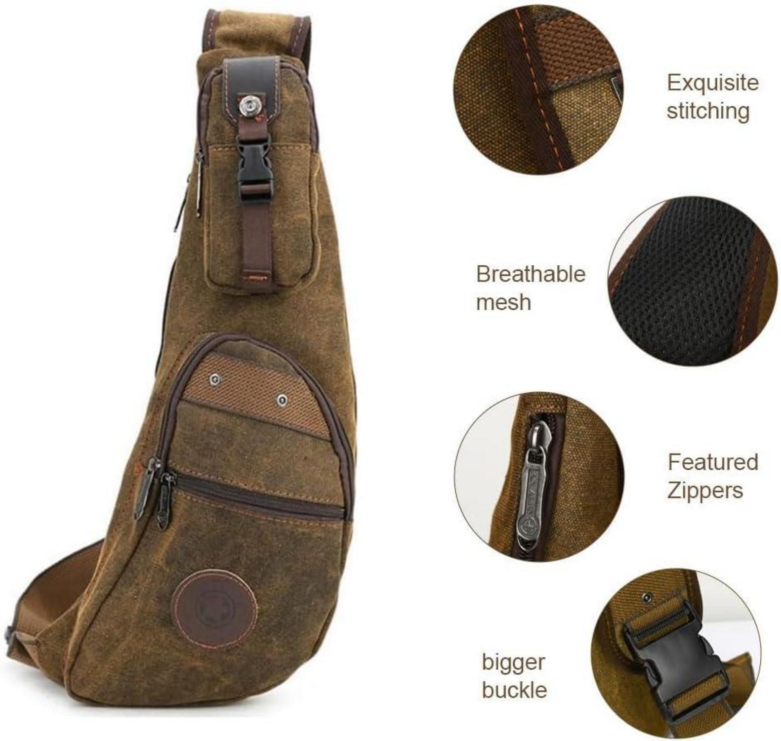 Herren Canvas Brusttasche Crossbag Sling Rucksack Braun
