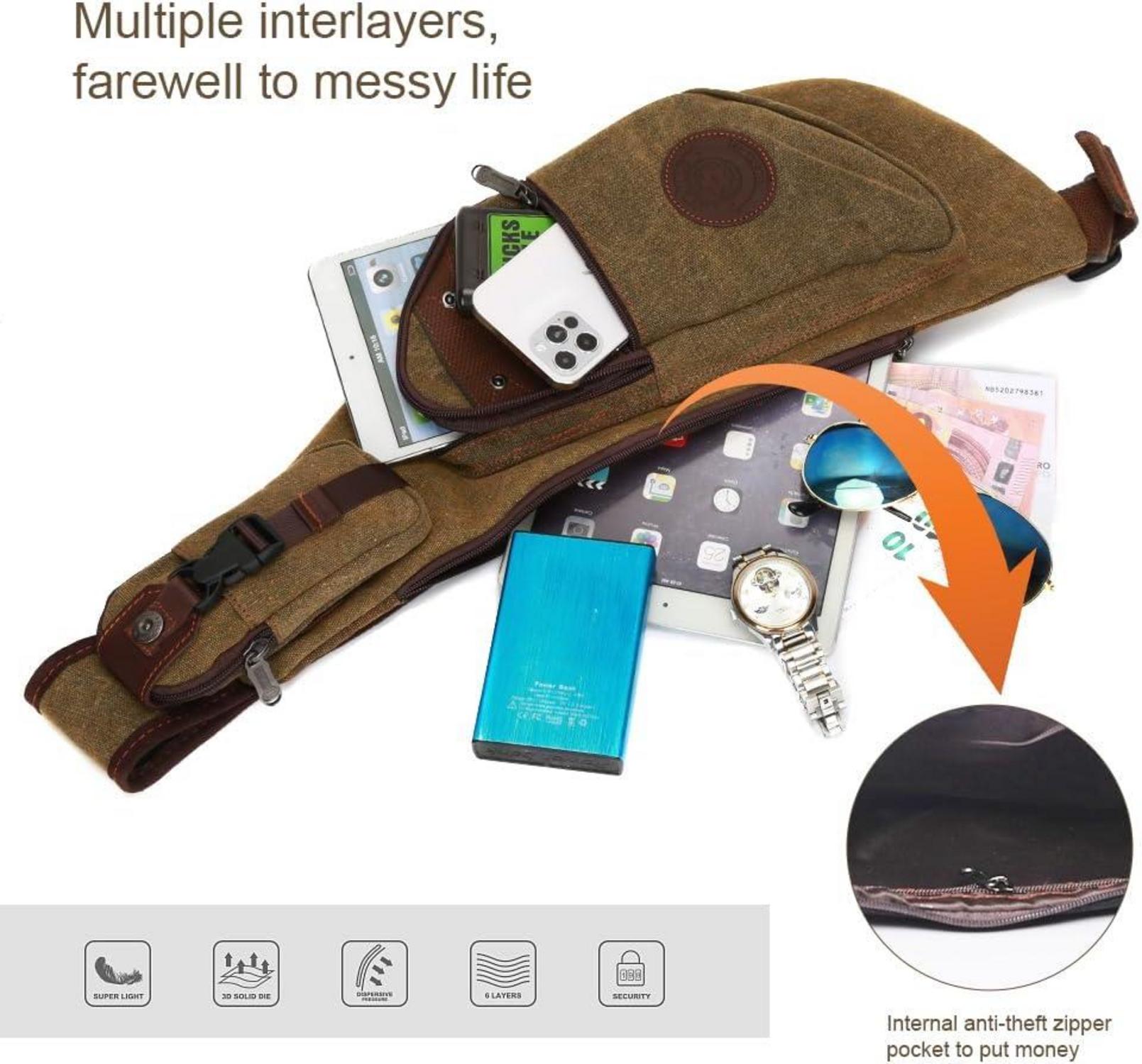 Leathario Herren Canvas Brusttasche Crossbag Sling Rucksack Braun