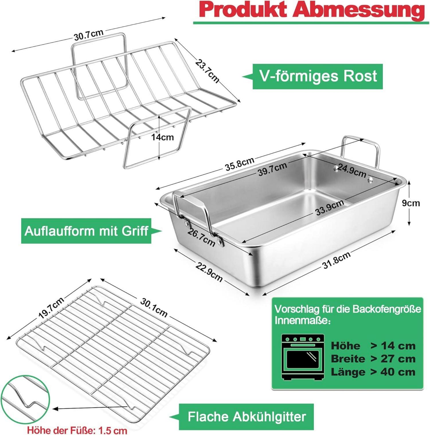 Edelstahl Bräter mit V-Gitterrost & Abkühlgitter, 3er Set