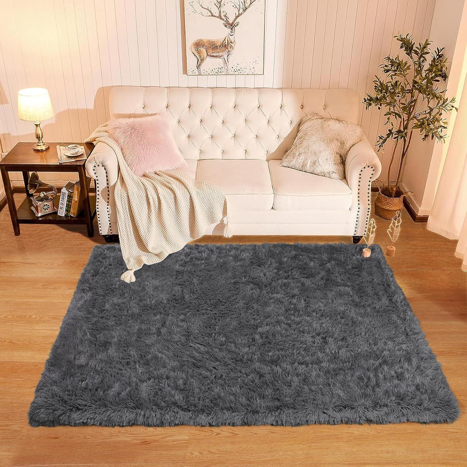 Weicher Shaggy Teppich 120x160cm Waschbar Hochflor Luxus Samt Wohnzimmer Schlafzimmer Sofa Grau