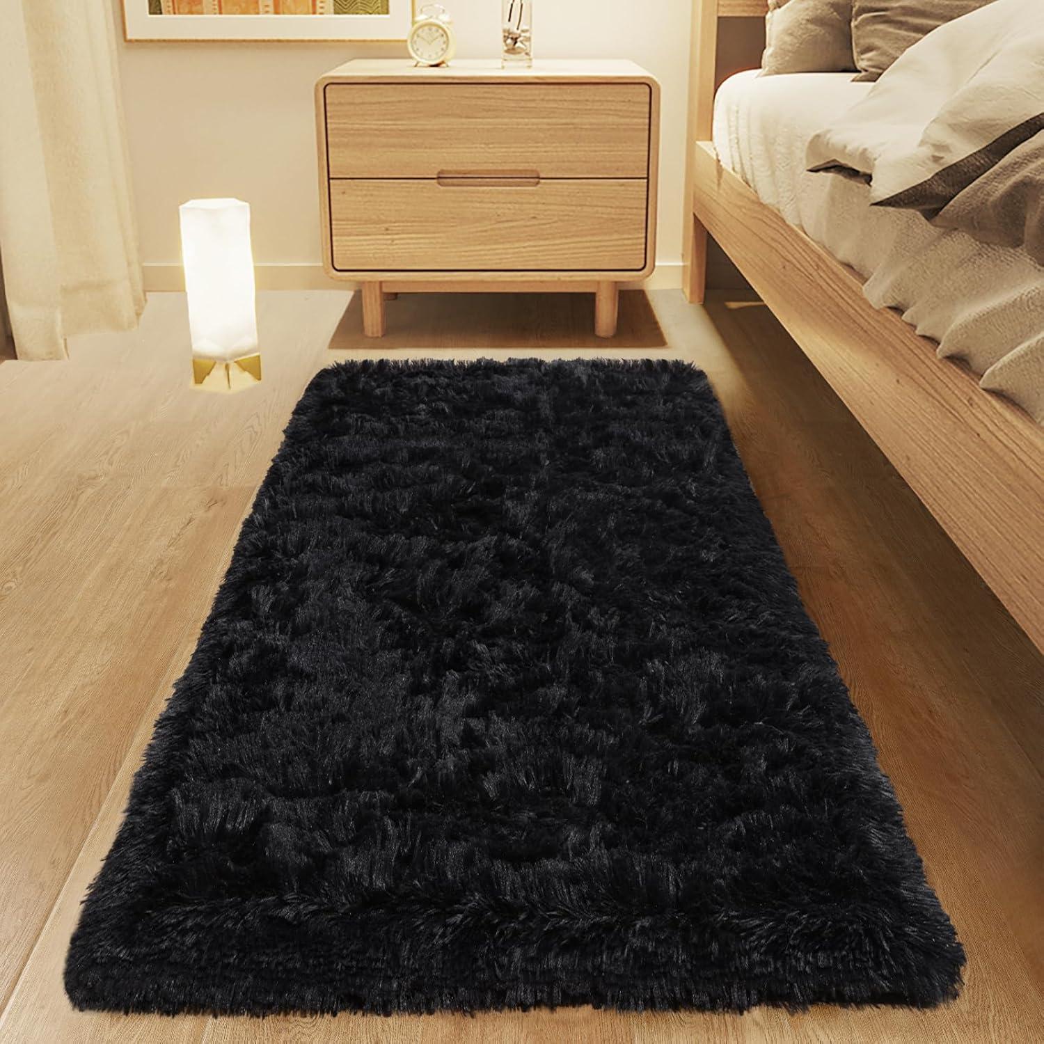 Enyhom Shaggy Teppich 80x160 cm Schwarz Hochflor Teppich Sofa Wohnzimmer