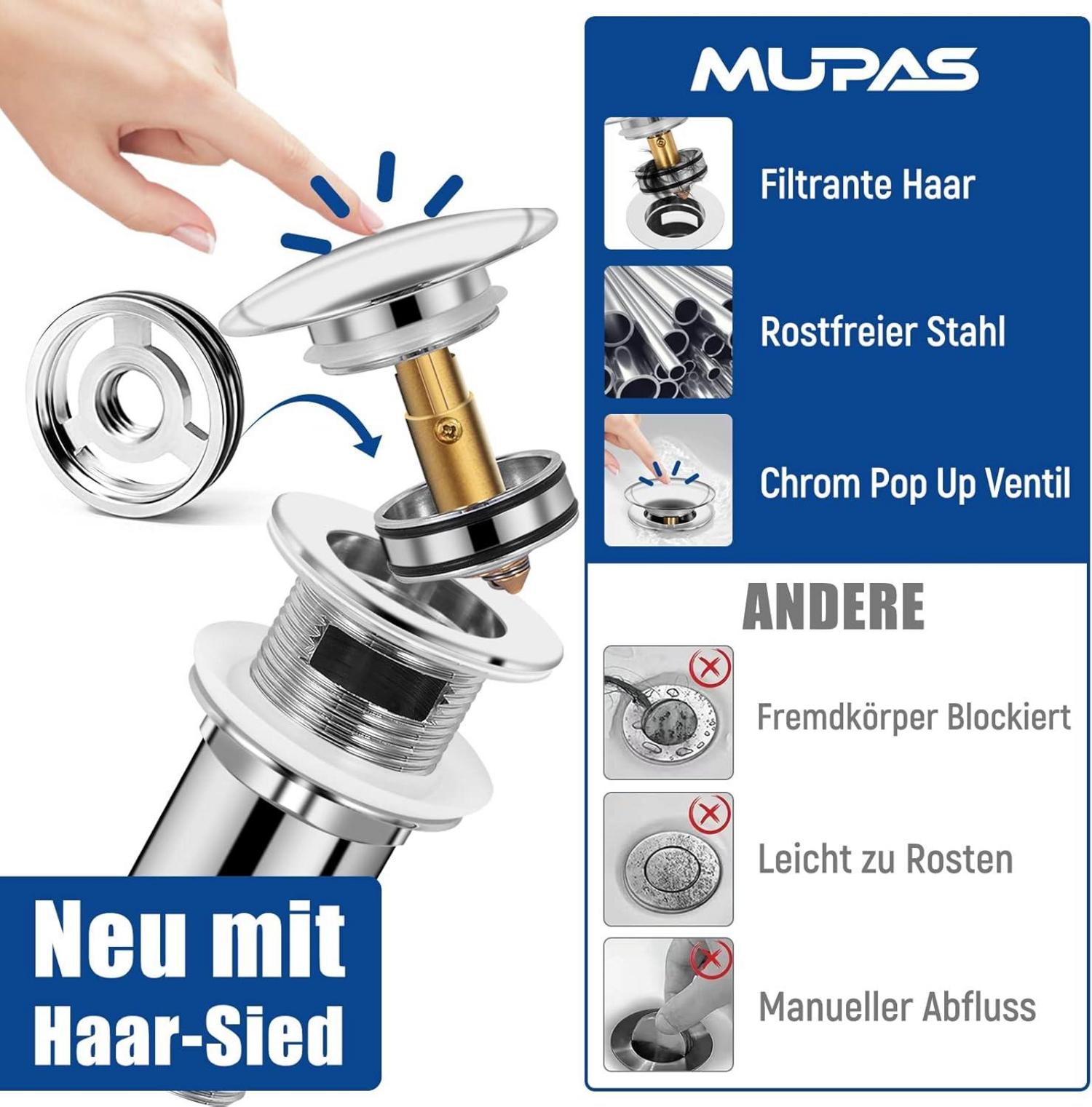 MUPAS Universal Ablaufgarnitur Überlauf Haarsieb Pop-Up Chrom 7 Dichtungen