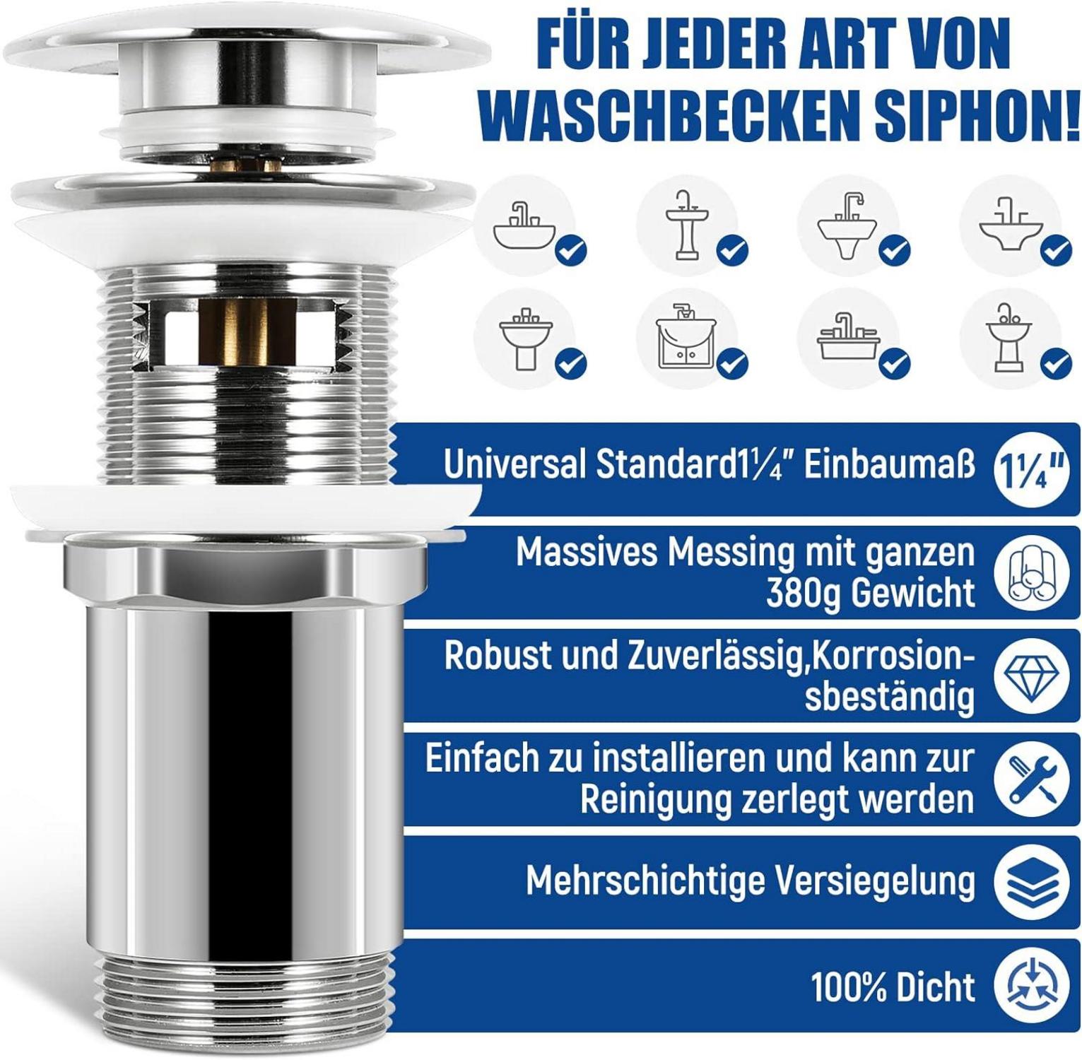 Universal Ablaufgarnitur mit Pop Up Ventil für Waschbecken & Überlauf