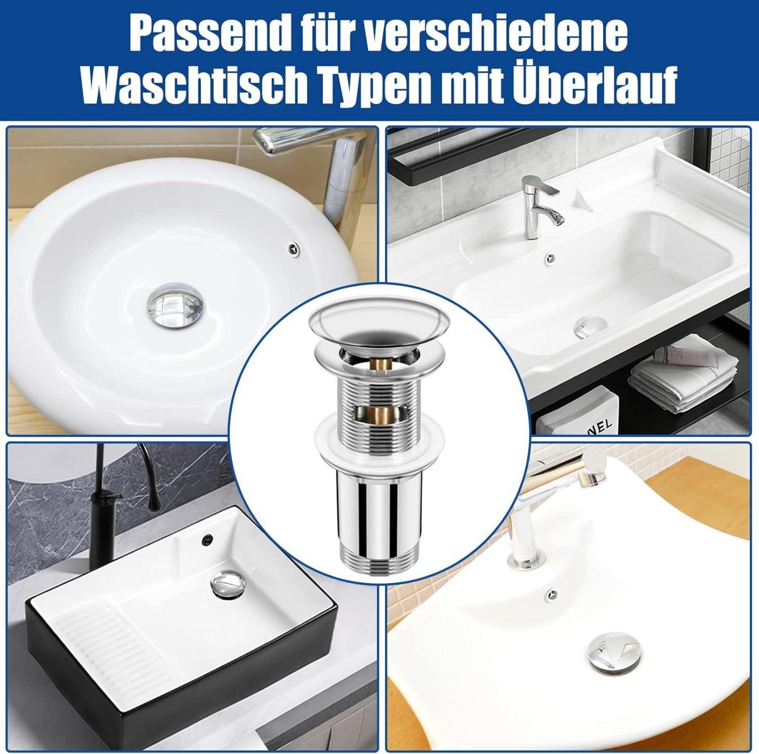 MUPAS Universal Ablaufgarnitur Überlauf Haarsieb Pop-Up Chrom 7 Dichtungen