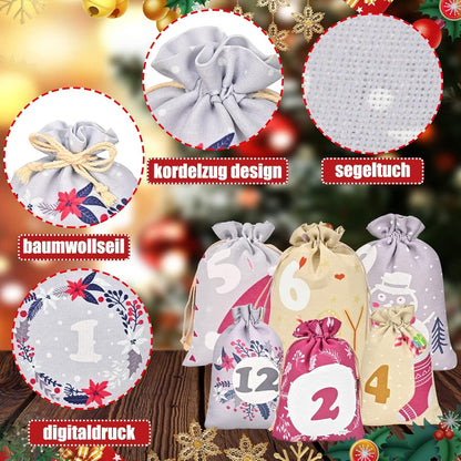 Adventskalender Stoffbeutel zum Befüllen Kinder DIY Weihnachten 2024 - 24 Große Segeltuch Säckchen Wiederverwendbare Adventstüten