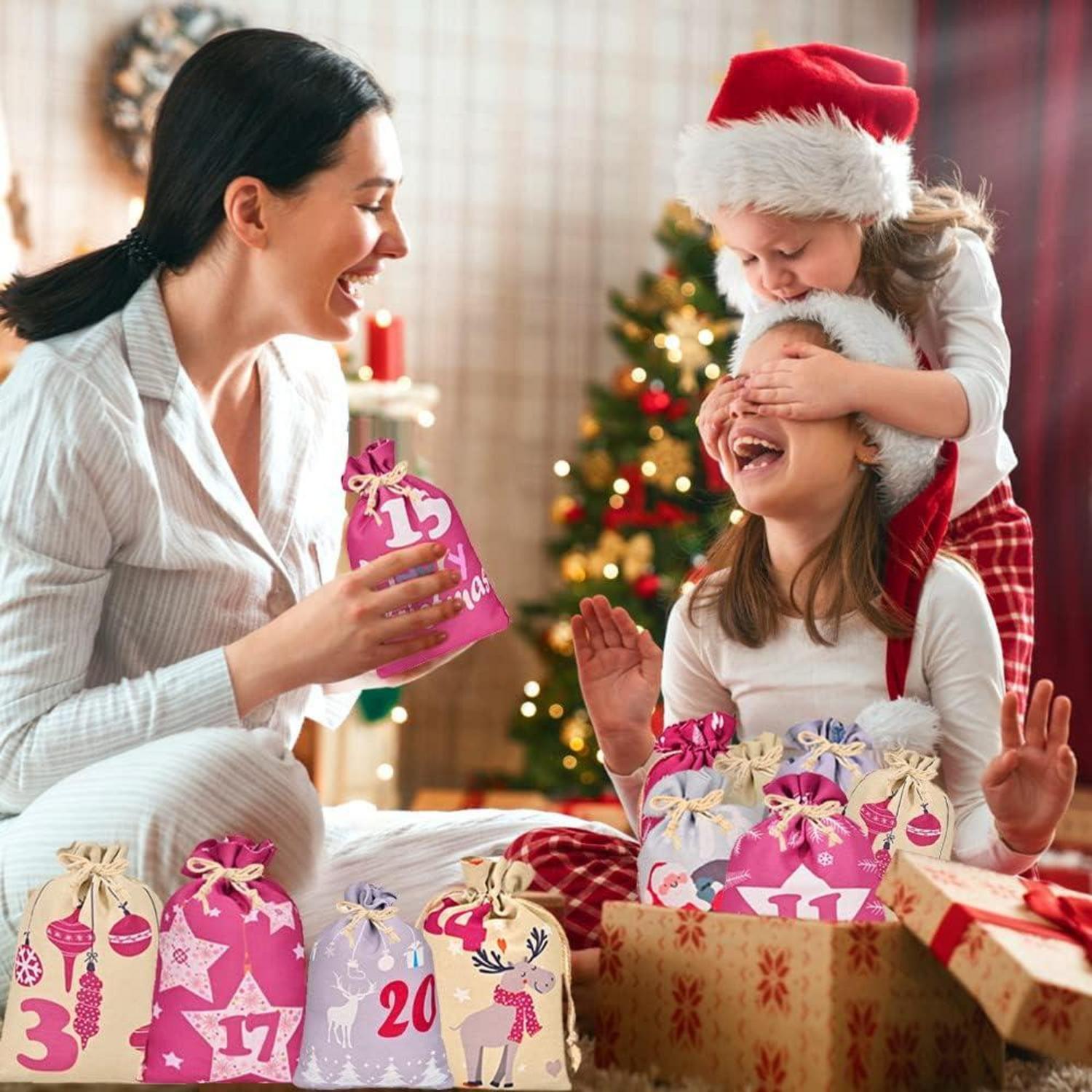Adventskalender Stoffbeutel zum Befüllen Kinder DIY Weihnachten 2024 - 24 Große Segeltuch Säckchen Wiederverwendbare Adventstüten