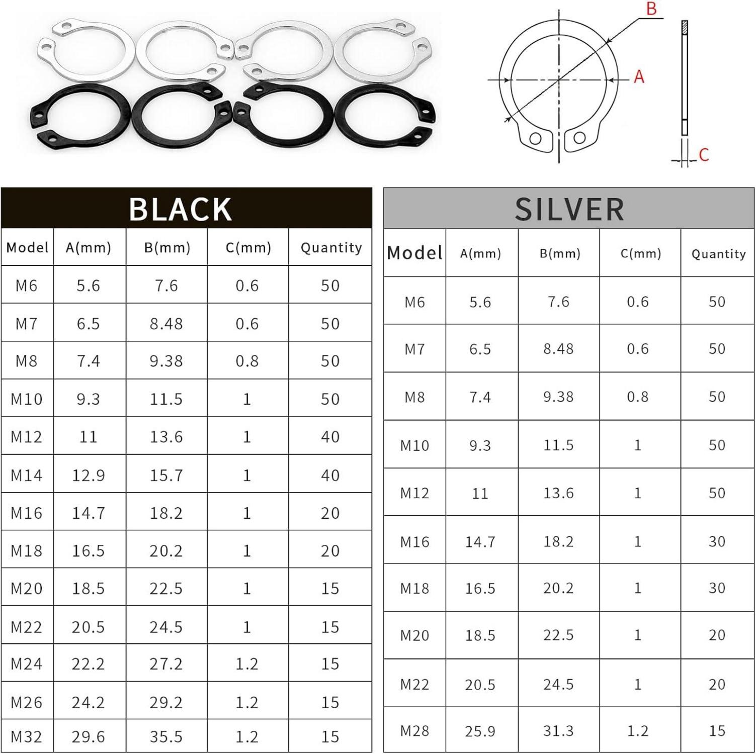 Externe Sicherungsringe Sortiment C-Clips 760 Stück Schwarz