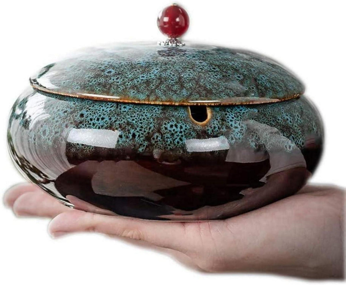 Winddichter Keramik-Aschenbecher mit Deckel 14,5cm Blau