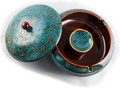 Winddichter Keramik-Aschenbecher mit Deckel 14,5cm Blau