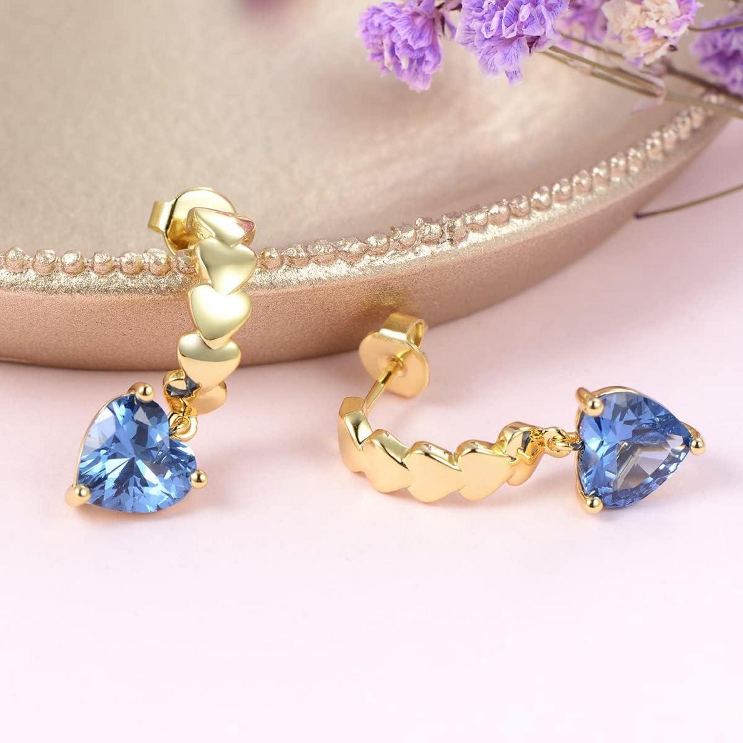 Ohrringe Gold Herz Zirkonia Vergoldet Blau Damen Geschenk