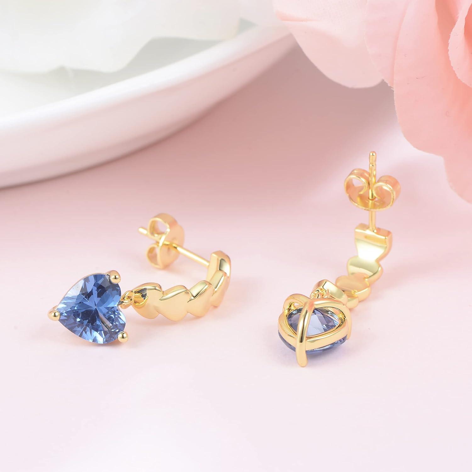Goldene Ohrringe Herz Zirkonia Blau Damen Ohrstecker Gold Hängend