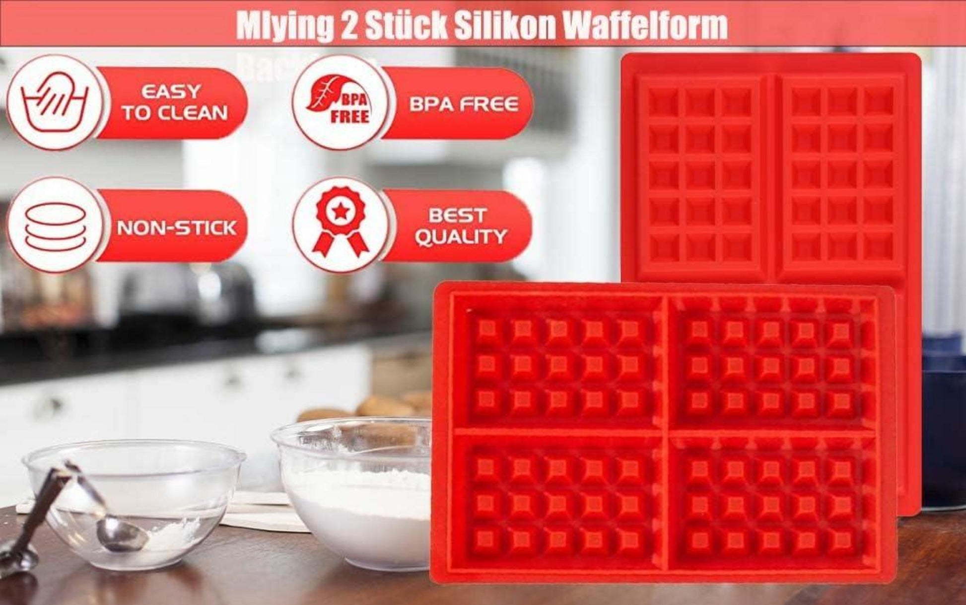 Silikon Waffelform Herz Rechteckig Backform 2er Set in Rot