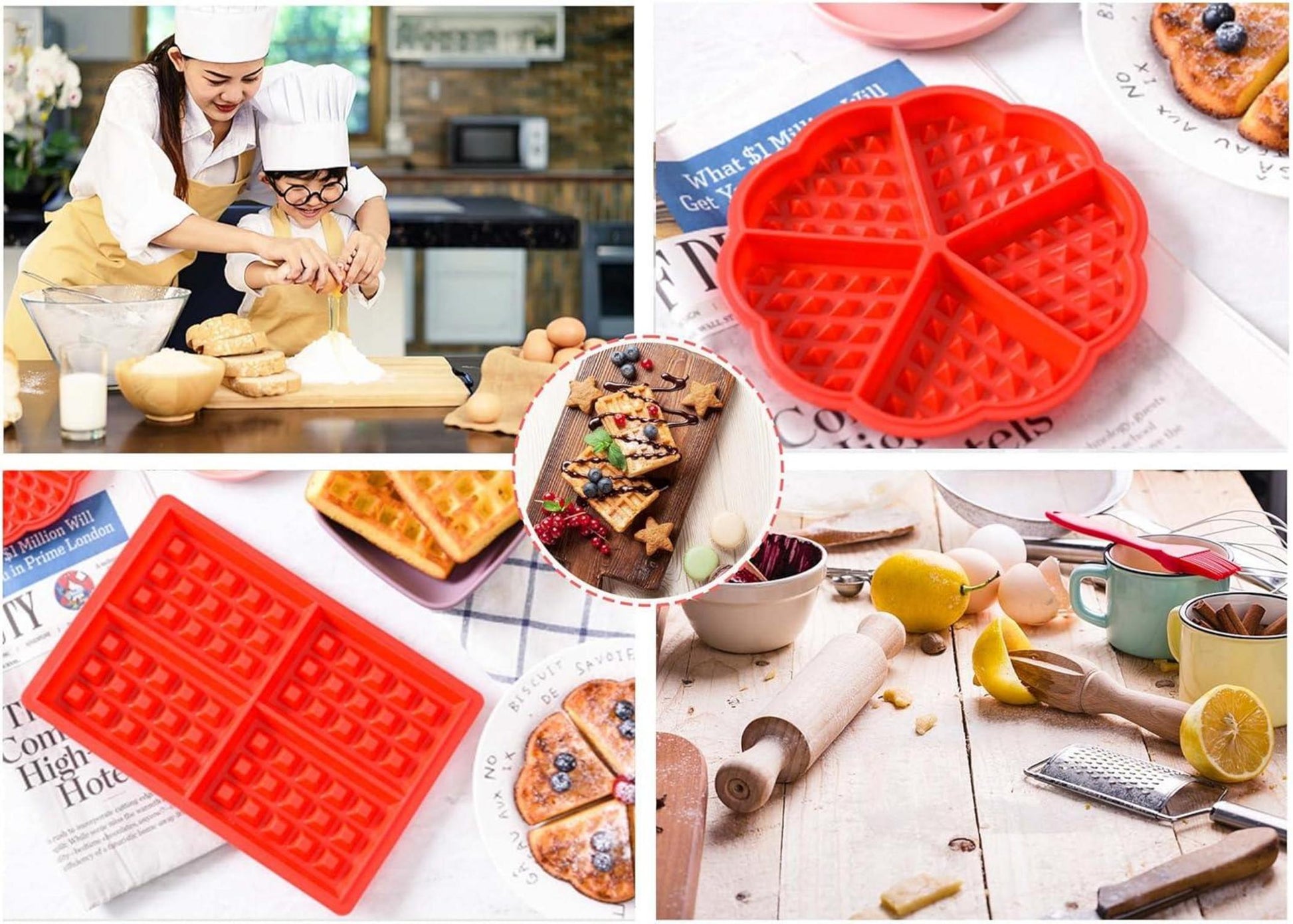 Silikon Waffelform Backform 2 Stück Herz Rechteckig Rot