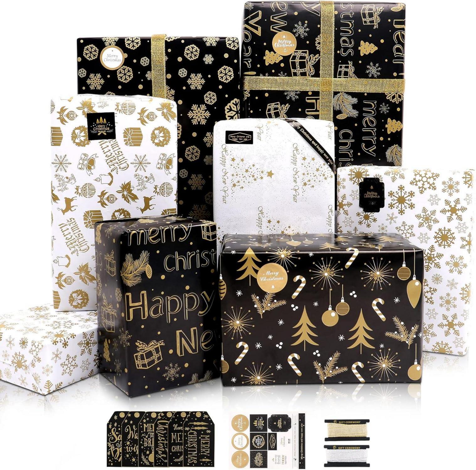 Weihnachtsgeschenkpapier-Set Gold Schwarz 6 Blatt Schneeflocken-Muster