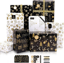 Weihnachtsgeschenkpapier-Set Gold Schwarz 6 Blatt Schneeflocken-Muster