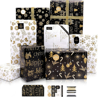 Weihnachtsgeschenkpapier-Set Gold Schwarz 6 Blatt Schneeflocken-Muster