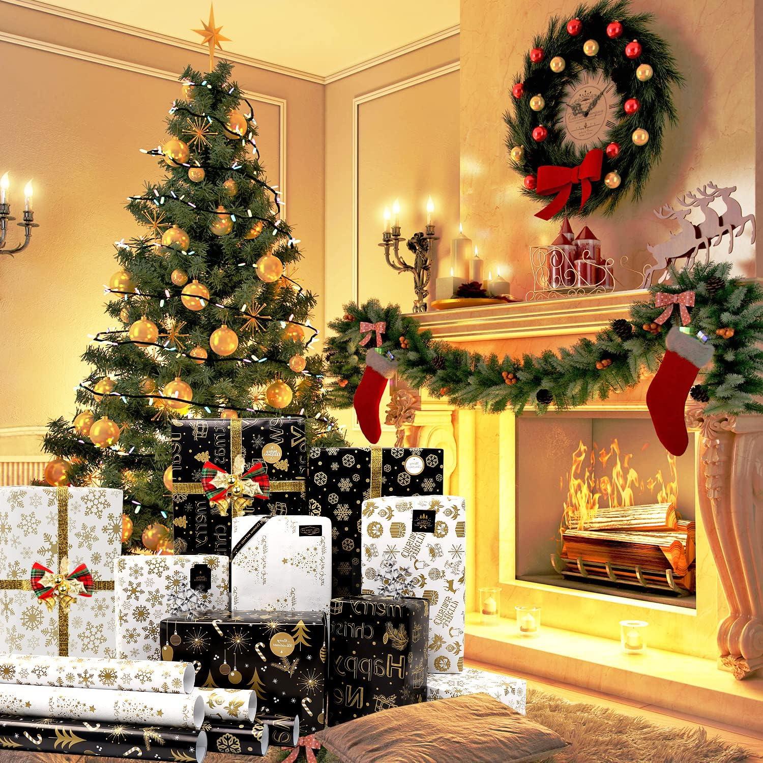 Weihnachtsgeschenkpapier-Set Gold Schwarz 6 Blatt Schneeflocken-Muster