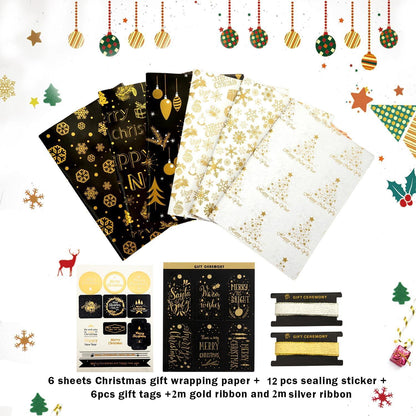 6 Blatt Weihnachtspapier Set Gold Schwarz Geschenkpapier Schneeflocken 70x50CM