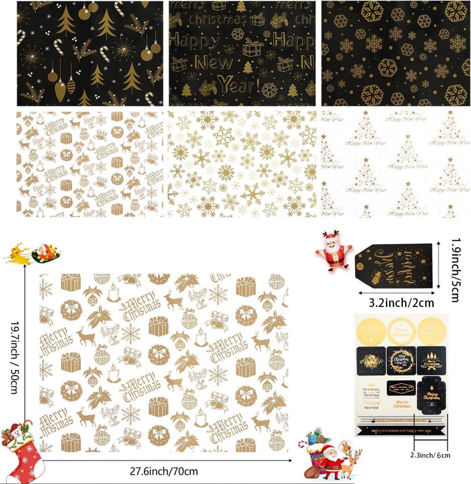 Geschenkpapier Weihnachten 6 Blatt Gold Schwarz Schneeflocken-Design