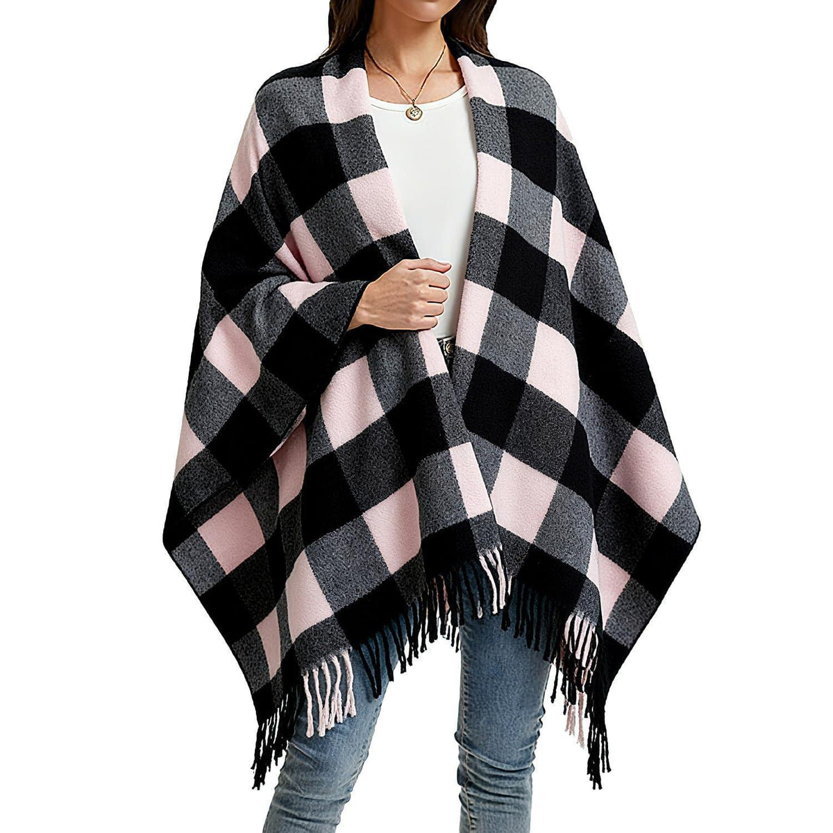 Karierte Damen Poncho Winter Schal aus Faux Kaschmir