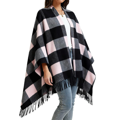 Karierte Damen Poncho Winter Schal aus Faux Kaschmir