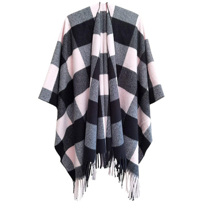Karierte Damen Poncho Winter Schal aus Faux Kaschmir