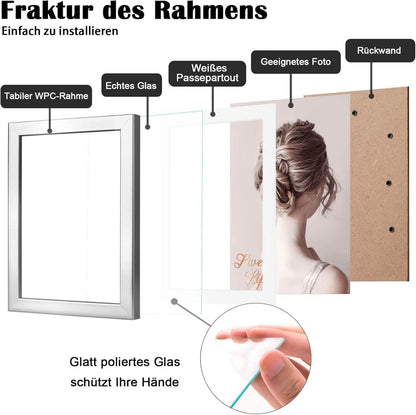 Bilderrahmen 13x18 cm 4er Set Echtes Glas Silber Holz
