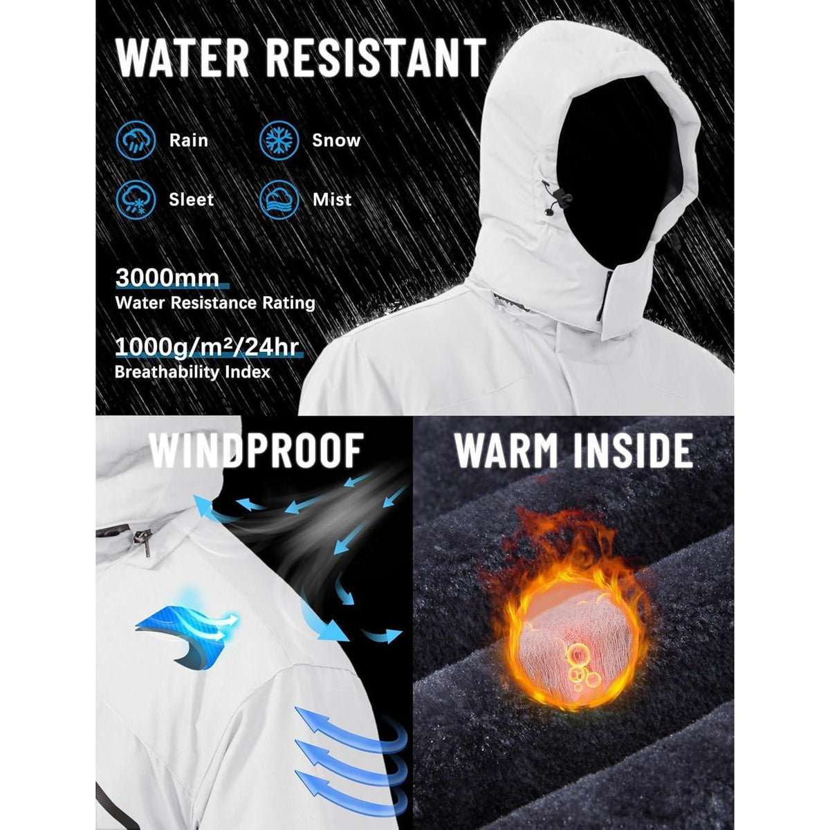 Herren Winterjacke wasserdicht warm gefüttert mit Kapuze Weiß