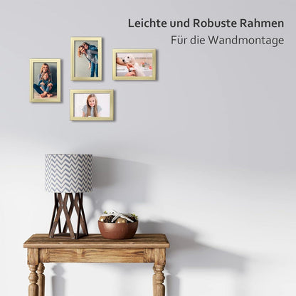 Egofine Bilderrahmen 10x15 4er-Set Gold Holz Verbund Echtglas Wand Tischdekoration